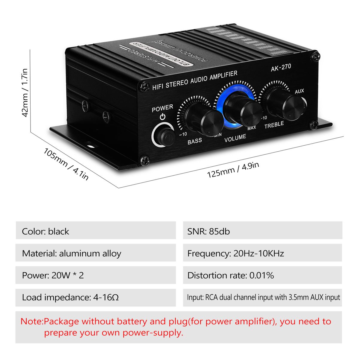AK270 Mini Audio 2-Channel Stereo Power Amplifier Portable