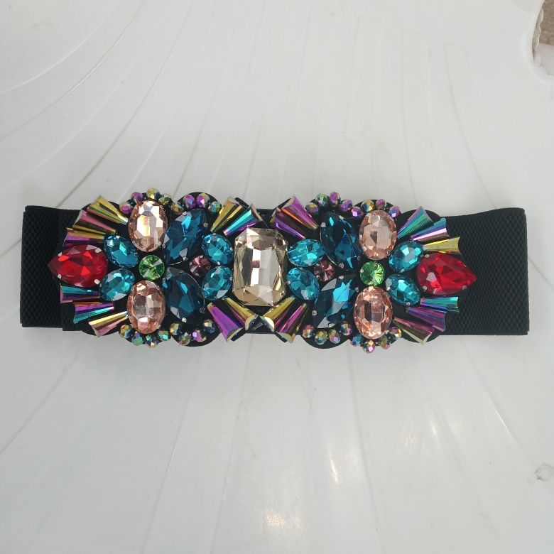 Ladies Stylish Beaded Crystal Decor Wide Waist Band Belt