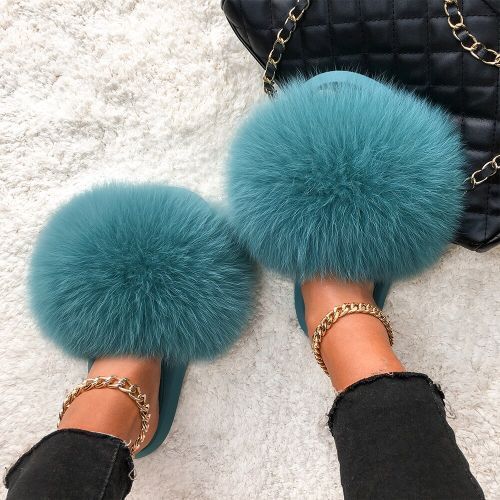 Fluffy Slippers Real Fox Fur Slides