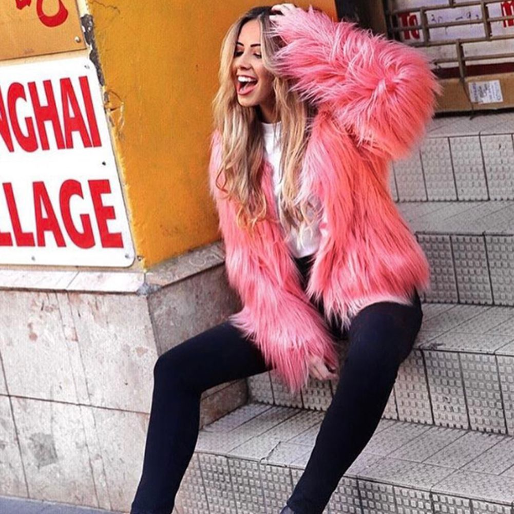 Winter Women Coat Solid Color Long Sleeve Fluffy Outerwear Short Jacket Hairy Warm Overcoat-