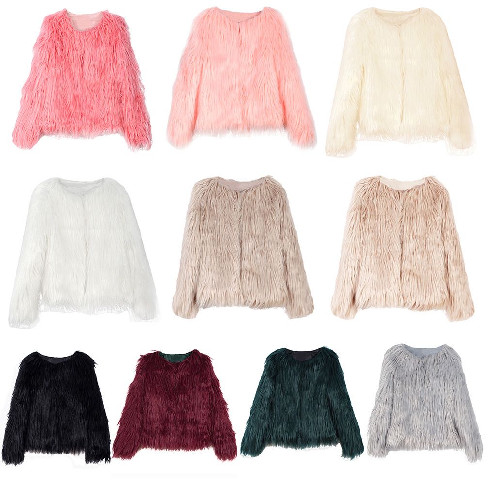 Winter Women Coat Solid Color Long Sleeve Fluffy Outerwear Short Jacket Hairy Warm Overcoat-