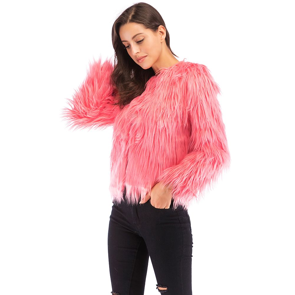 Winter Women Coat Solid Color Long Sleeve Fluffy Outerwear Short Jacket Hairy Warm Overcoat-