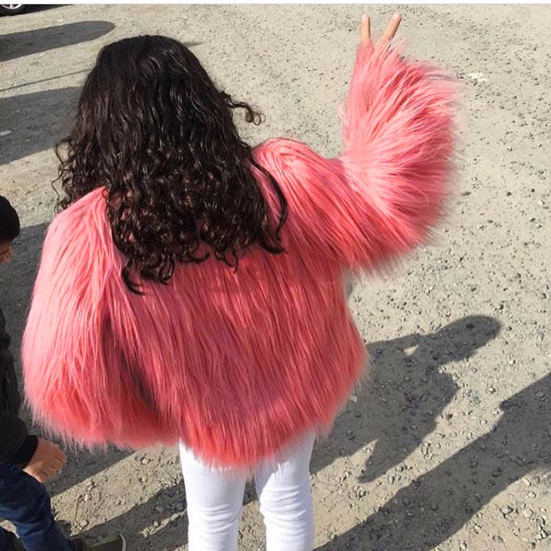 Winter Women Coat Solid Color Long Sleeve Fluffy Outerwear Short Jacket Hairy Warm Overcoat-