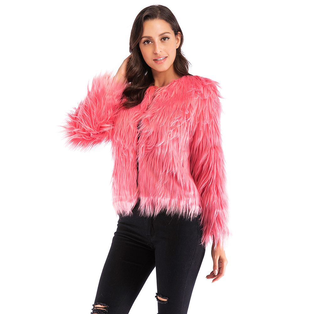 Winter Women Coat Solid Color Long Sleeve Fluffy Outerwear Short Jacket Hairy Warm Overcoat-