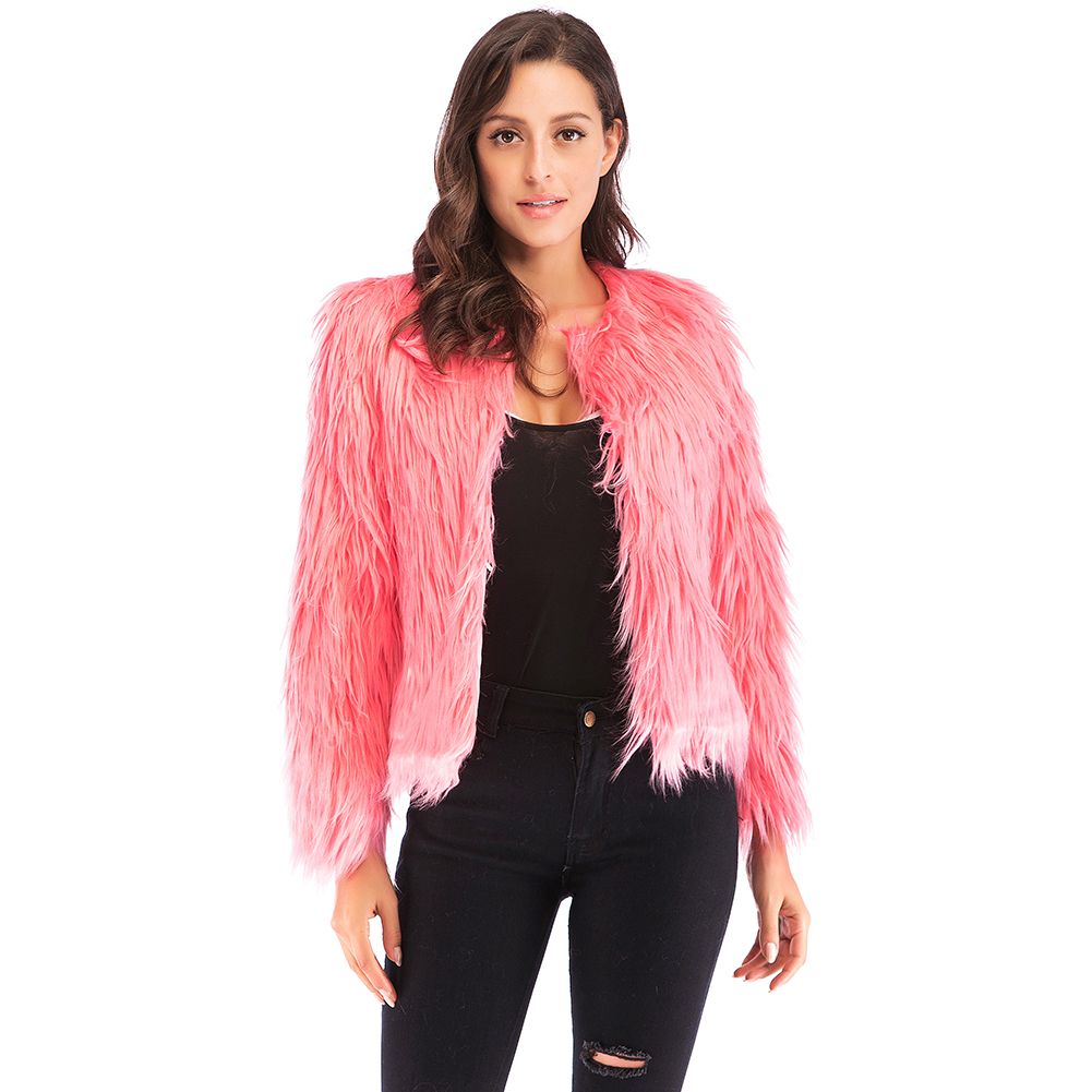 Winter Women Coat Solid Color Long Sleeve Fluffy Outerwear Short Jacket Hairy Warm Overcoat-