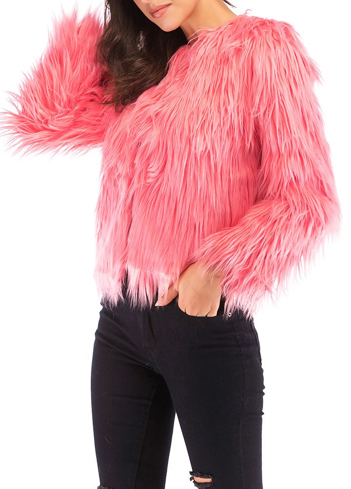 Winter Women Coat Solid Color Long Sleeve Fluffy Outerwear Short Jacket Hairy Warm Overcoat-