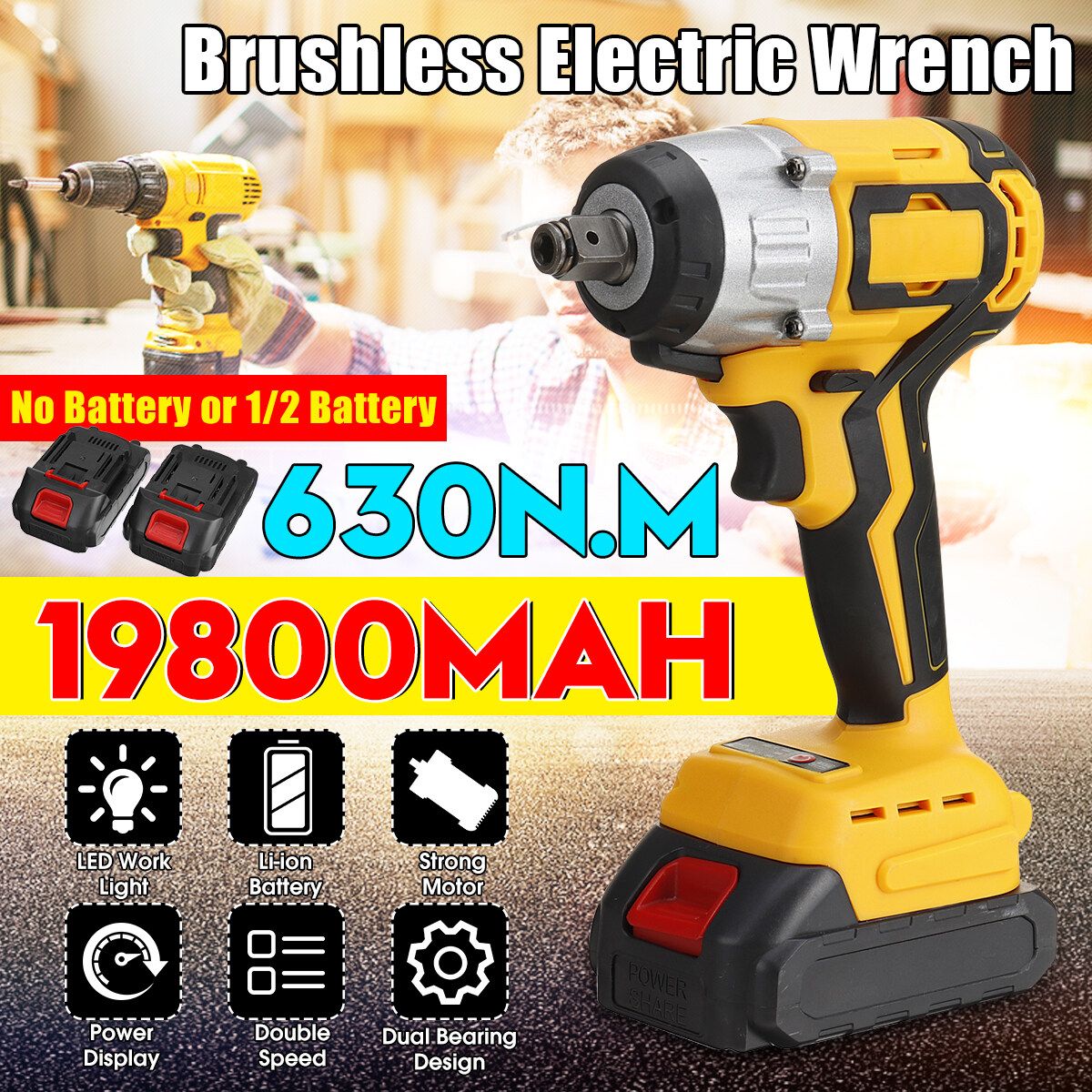 19800mAh 630Nm 1/2'' Brushless Electric Impact Wrench Torque Tool W/2 Batteries