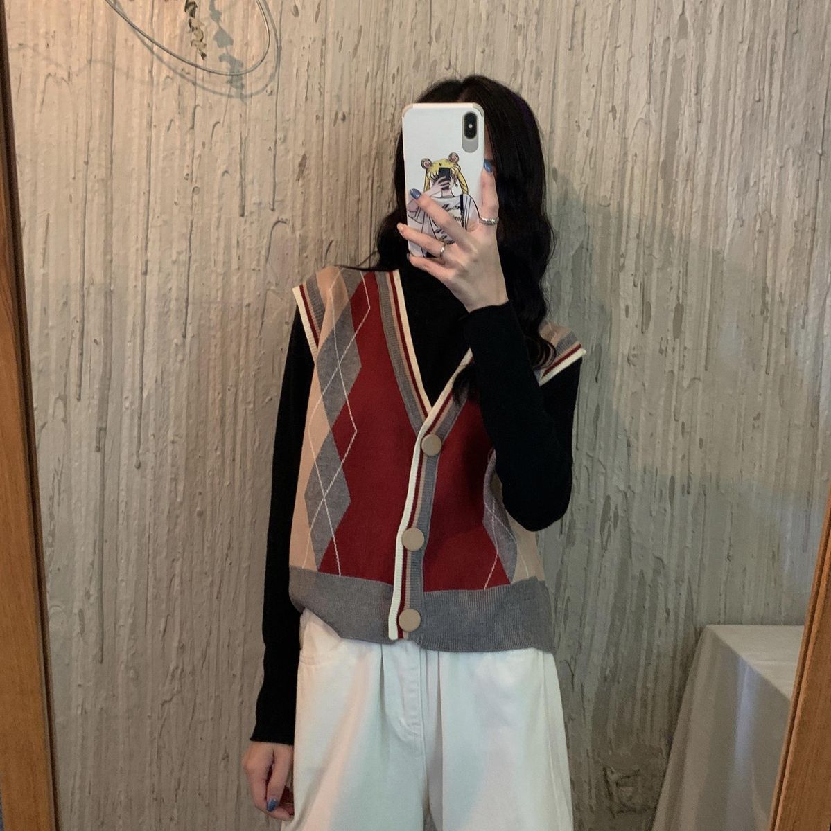 2022 Autumn/Winter New Contrast V-neck Knitted Vest for Women+High Neck Knitted Bottom Shirt