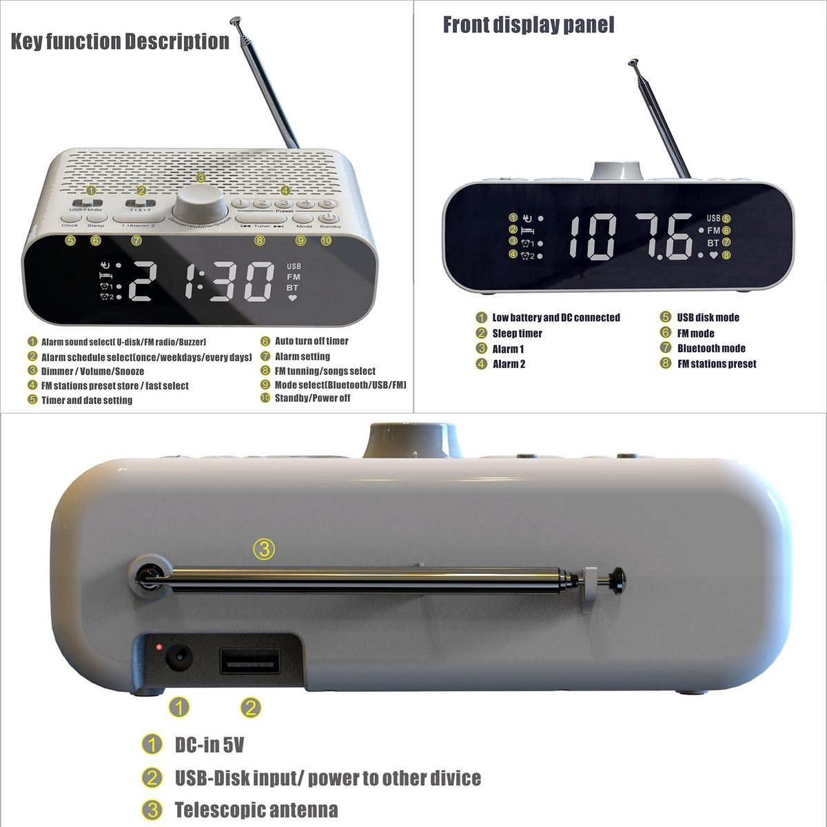 Bedside FM Clock Radio With Bluetooth Speaker