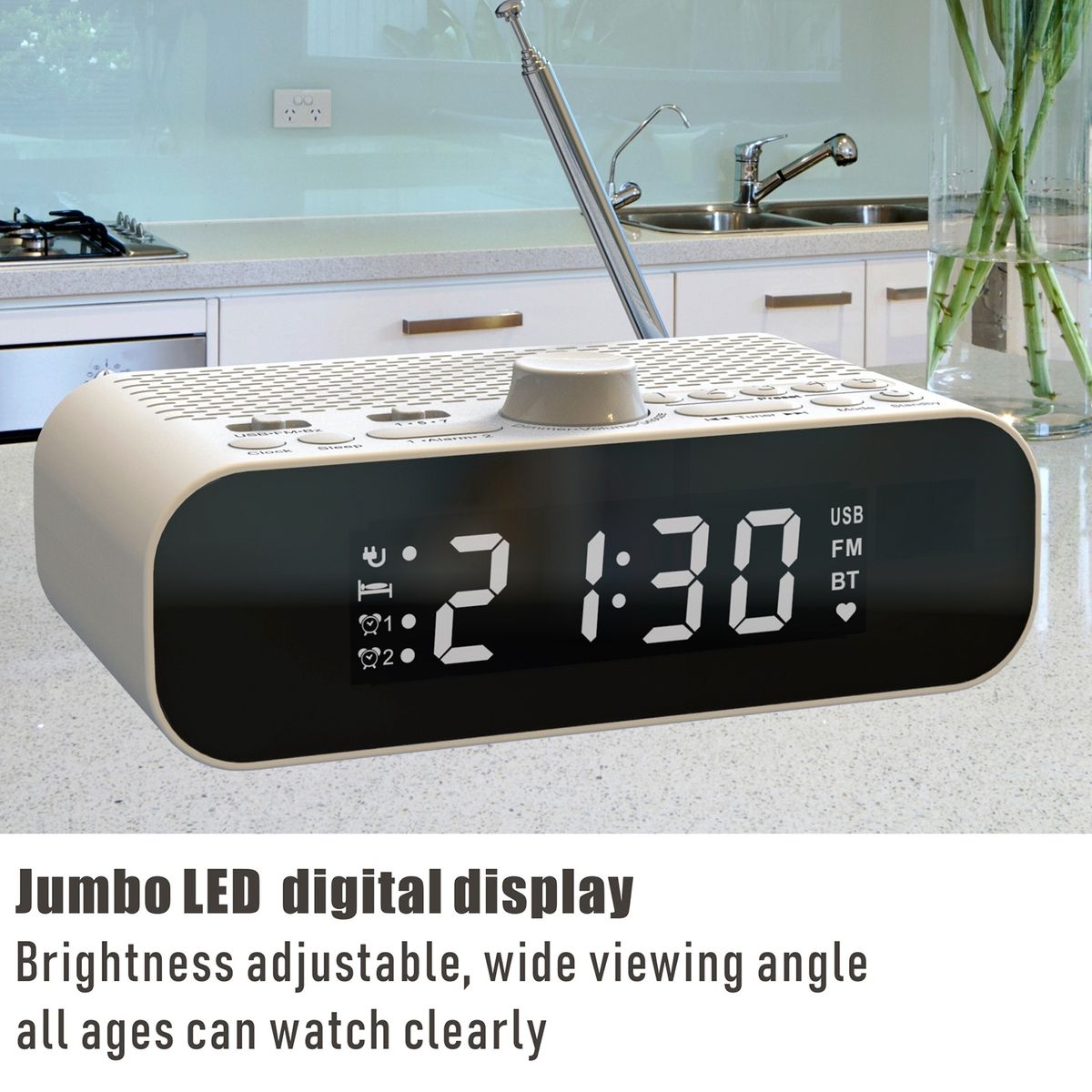 Bedside FM Clock Radio With Bluetooth Speaker
