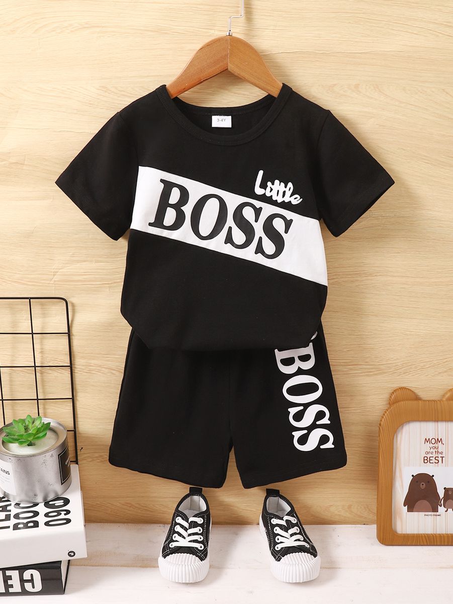 2PCS Clothes Set Kid Boy Letter Boss T-shirt+ Black Shorts