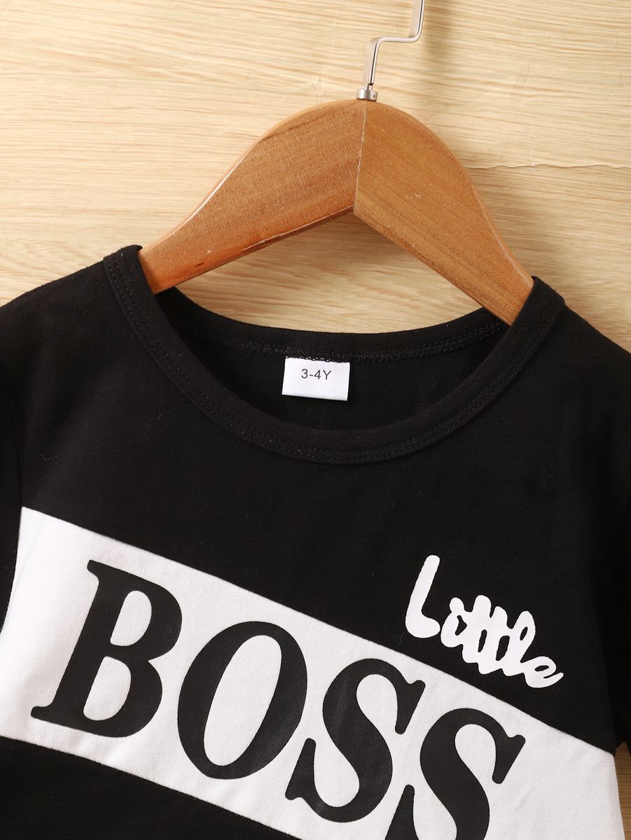 2PCS Clothes Set Kid Boy Letter Boss T-shirt+ Black Shorts