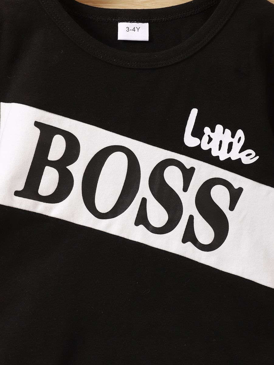 2PCS Clothes Set Kid Boy Letter Boss T-shirt+ Black Shorts