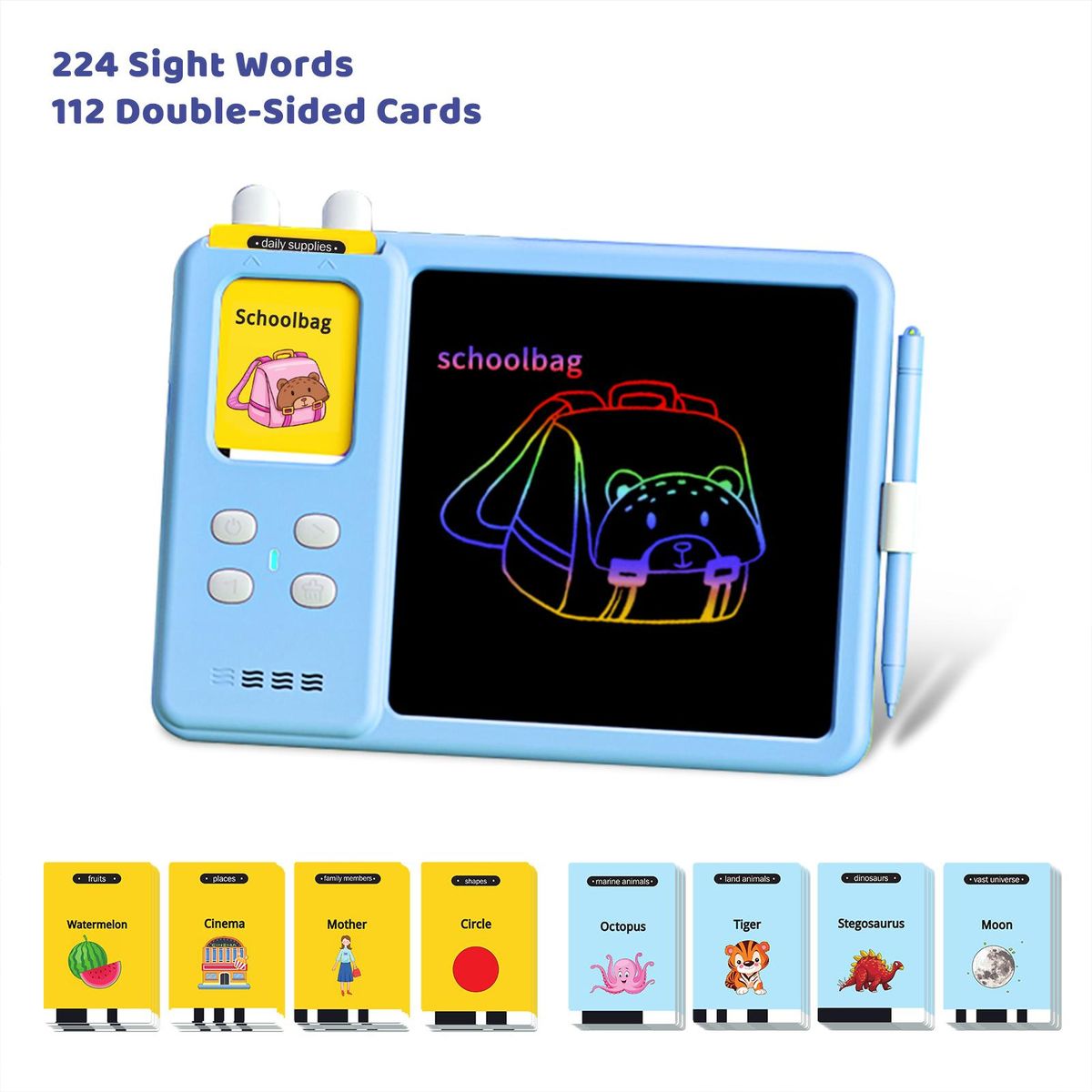 Talking Flash Cards Writing Tablet 2 in 1 Educational Child LCD Drawing Board Autism Sensory Speech Therapy Toddler Talking Flash Cards Drawing Tablet for Kids with 224 Sight Words Blue