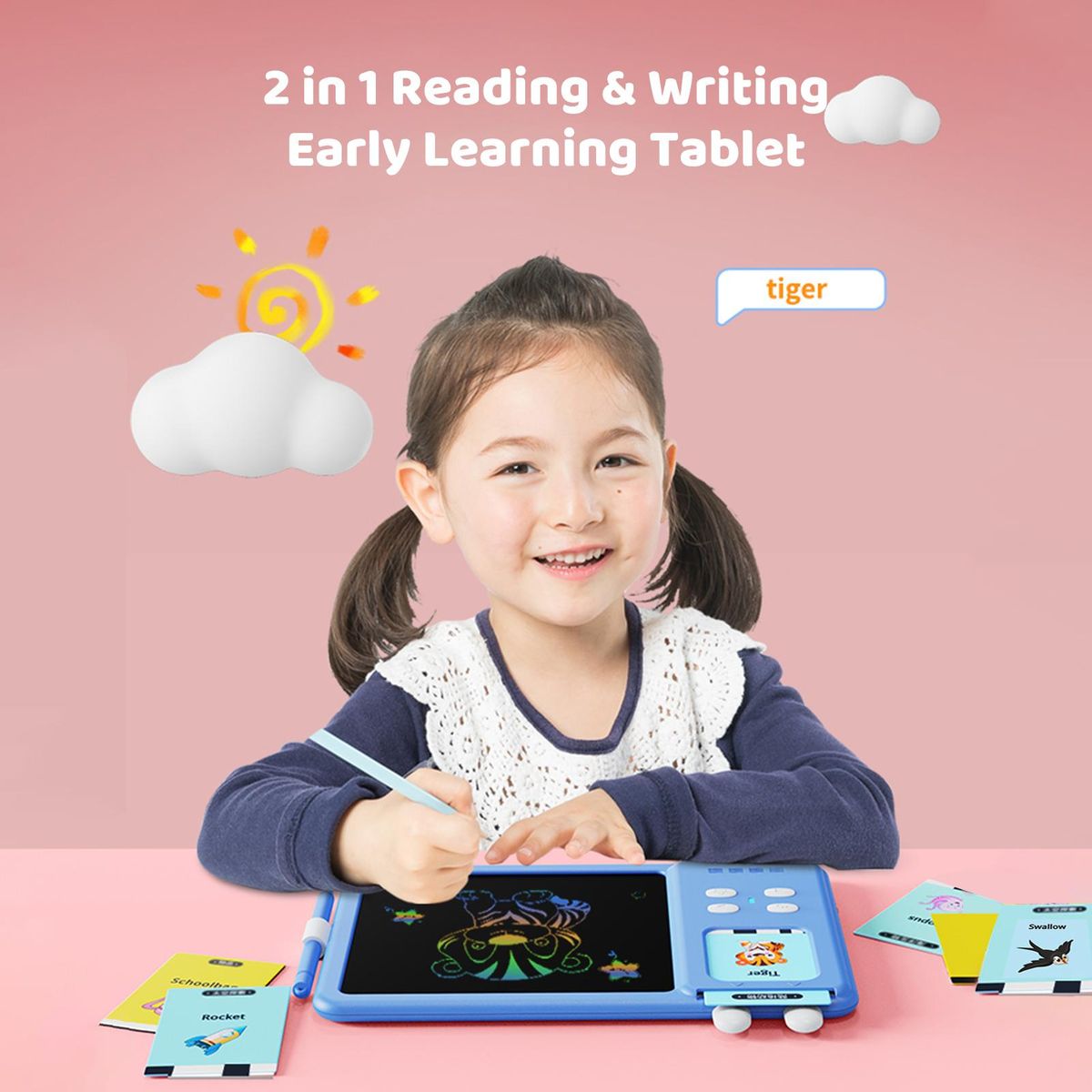 Talking Flash Cards Writing Tablet 2 in 1 Educational Child LCD Drawing Board Autism Sensory Speech Therapy Toddler Talking Flash Cards Drawing Tablet for Kids with 224 Sight Words Blue