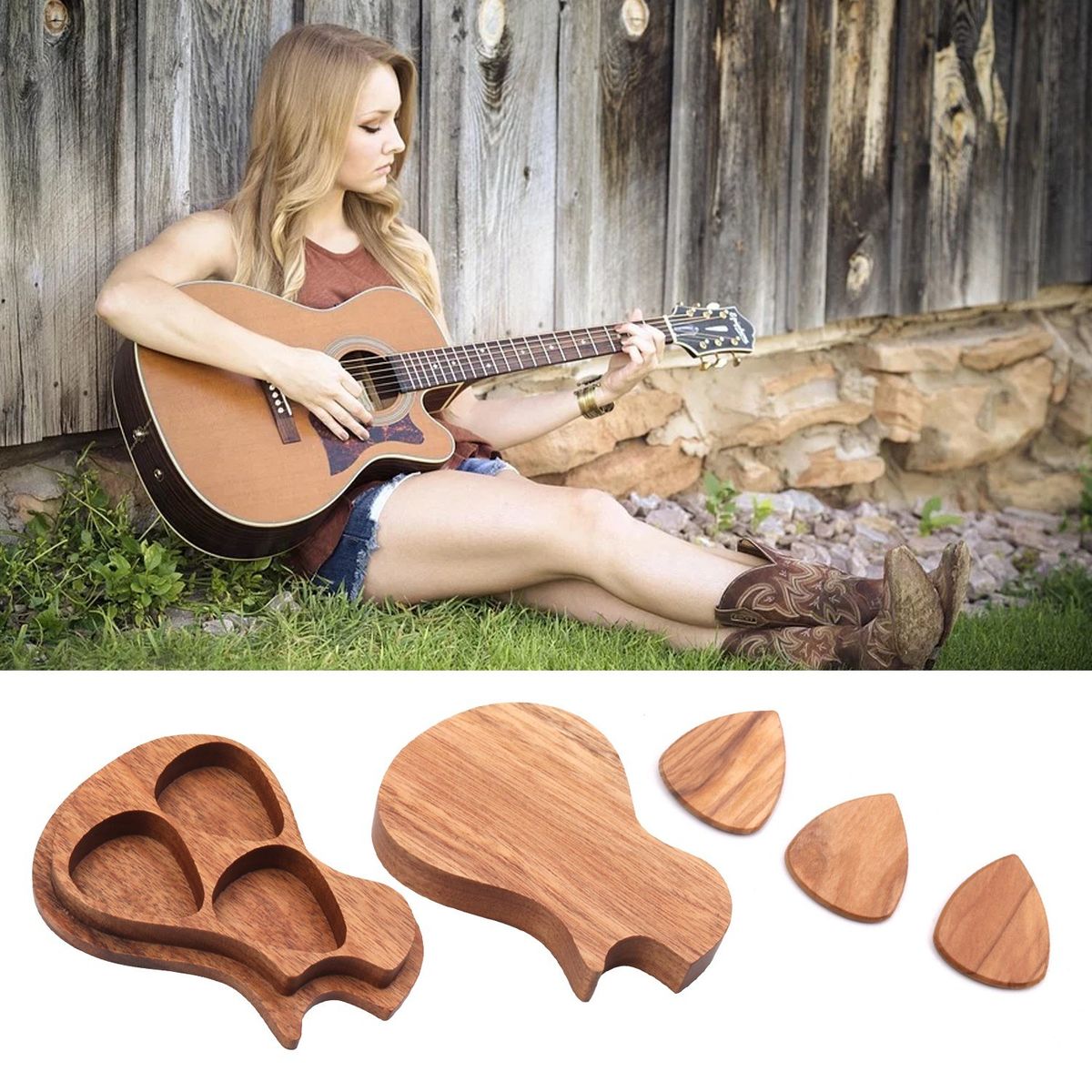Delicate Wooden Guitar Pick Set Plectrum Storage Holder Case