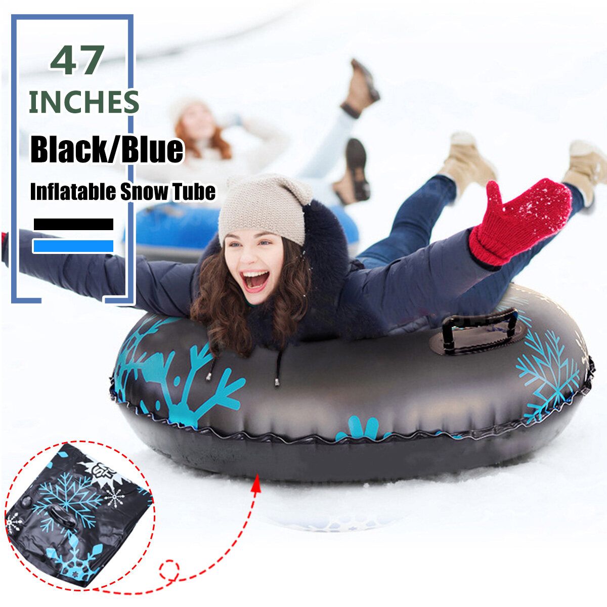Inflatable Snow Tubes For Family With 2 Higher Handles Heavy Duty Snow Sled For Adults 47 Inches -- Black / Blue Black