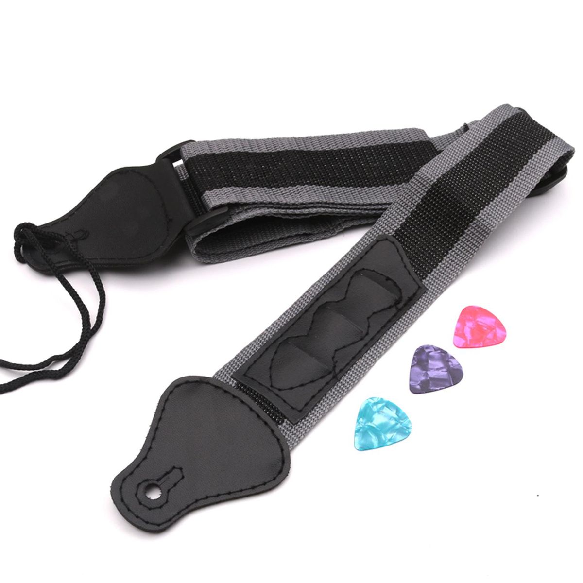 Adjustable Electric /Acoustic Guitar Bass Shoulder Strap with 3 Guitar Pick Holders Braided Nylon Belt PU Leather Ends +3pcs Celluloid Picks