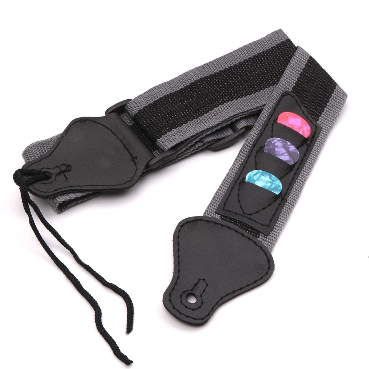 Adjustable Electric /Acoustic Guitar Bass Shoulder Strap with 3 Guitar Pick Holders Braided Nylon Belt PU Leather Ends +3pcs Celluloid Picks
