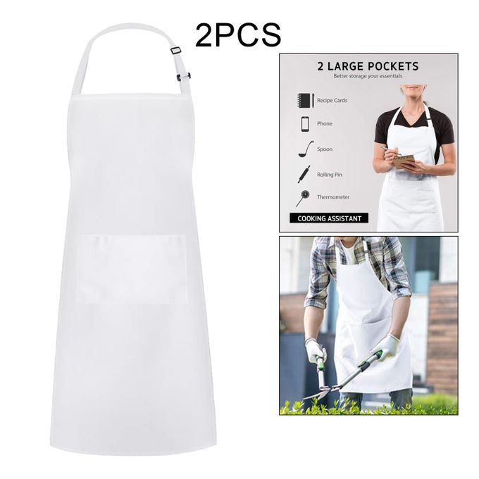 Set Of 2 Large Kitchen Apron Comfortable Chef Bib For Women Men White