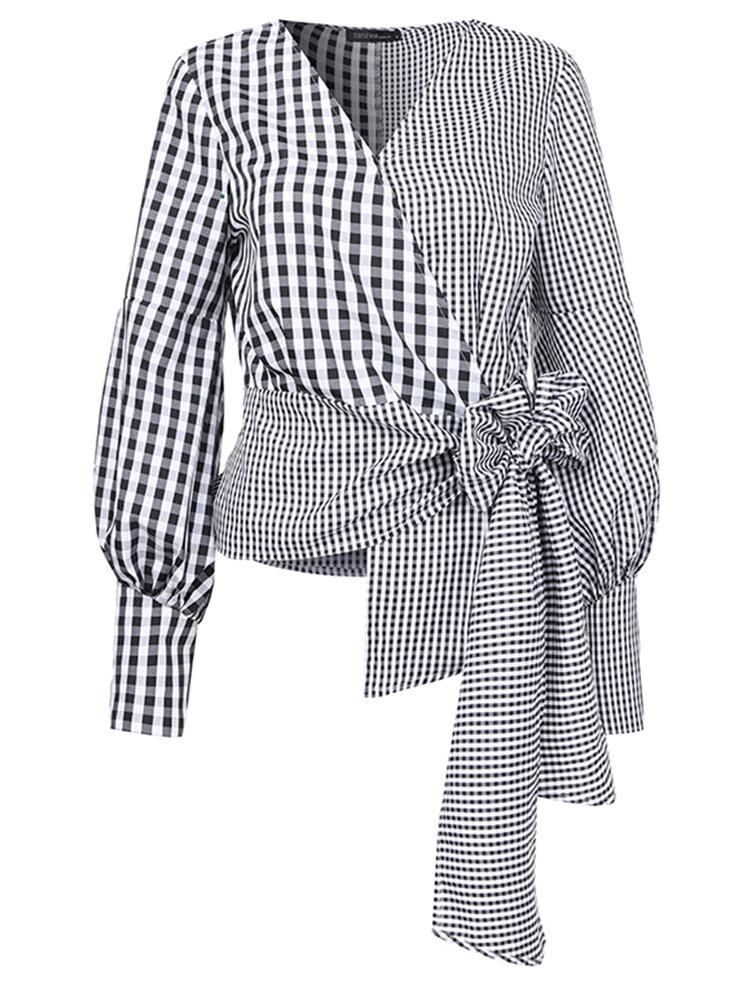 Women Plaid Stitching Wrap Lace Up Long Sleeve High Low Casual Blouses