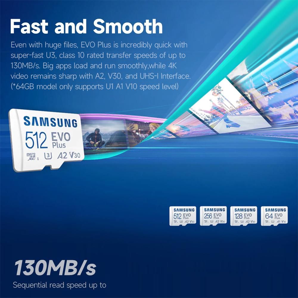 SAMSUNG EVO Plus 512GB TF Card U3 A2 V30 High-speed Micro SD Card up to 130MB/s Read Speed for Phone Tablet Security Monitoring