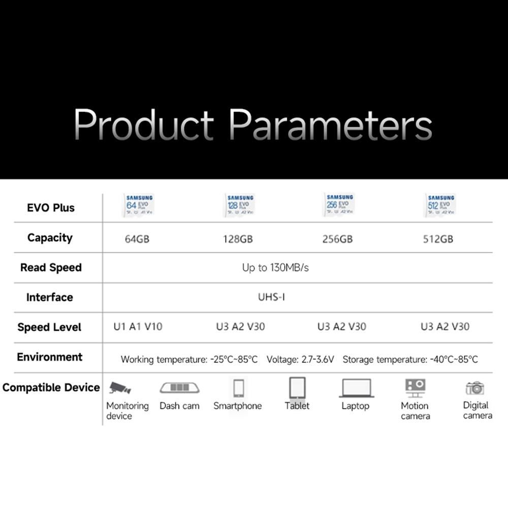SAMSUNG EVO Plus 512GB TF Card U3 A2 V30 High-speed Micro SD Card up to 130MB/s Read Speed for Phone Tablet Security Monitoring