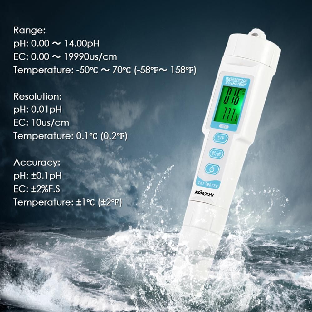 KKmoon New Professional 3 in 1 Multi-parameter Water Quality Tester Monitor Portable Pen Type pH & EC & TEMP Meter Acidometer Water Quality Analysis Device