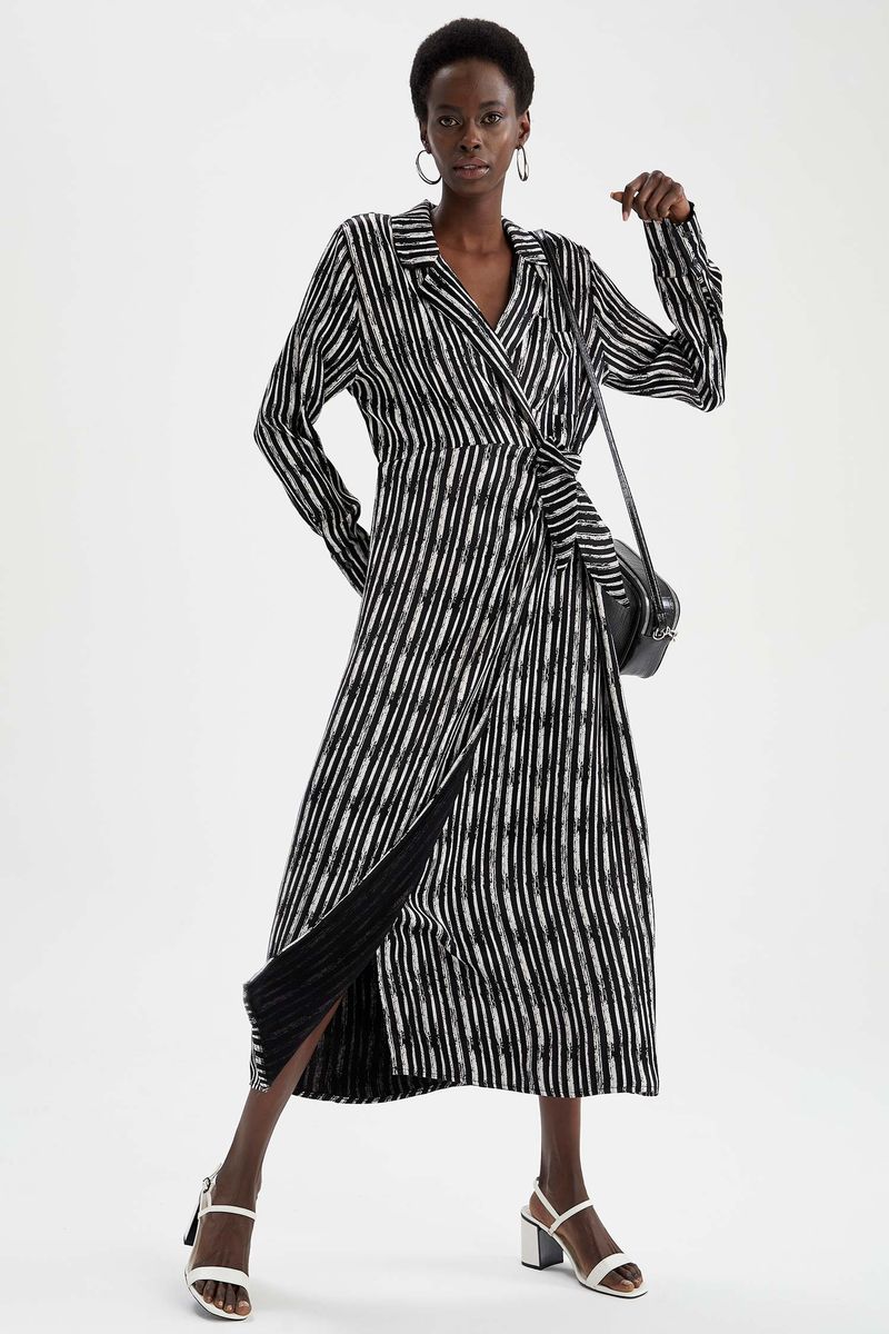 Woman Casual Shirt Neck Long Sleeve Woven Dress - Black