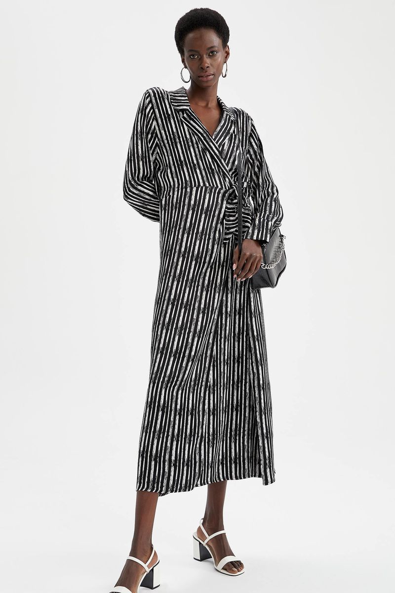 Woman Casual Shirt Neck Long Sleeve Woven Dress - Black