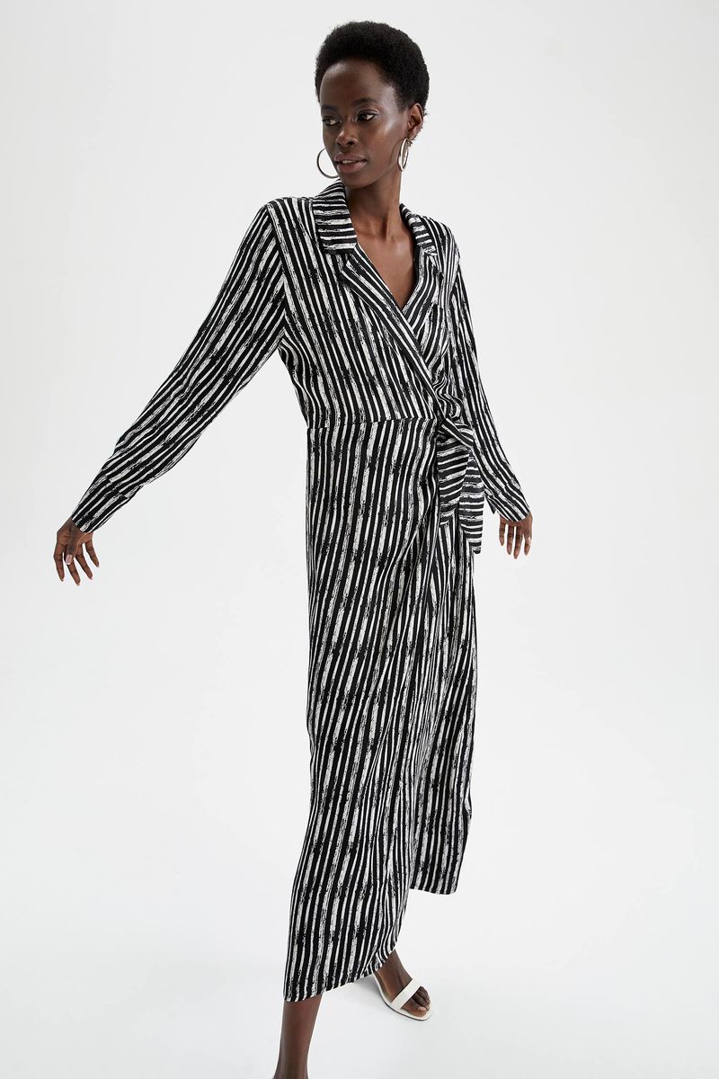 Woman Casual Shirt Neck Long Sleeve Woven Dress - Black
