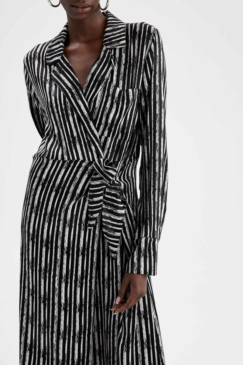 Woman Casual Shirt Neck Long Sleeve Woven Dress - Black