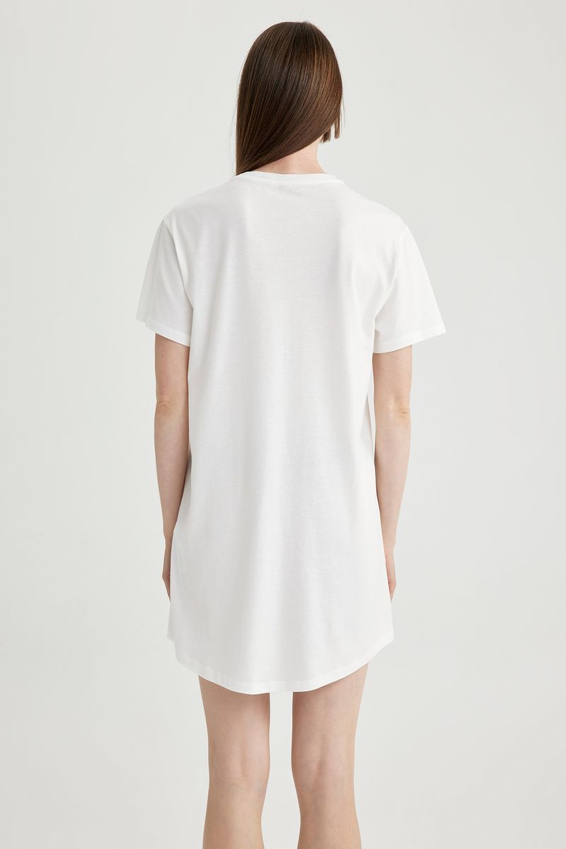 Woman Casual Regular Fit Short Sleeve Crew Neck Homewear Knitted Dress - Ecru