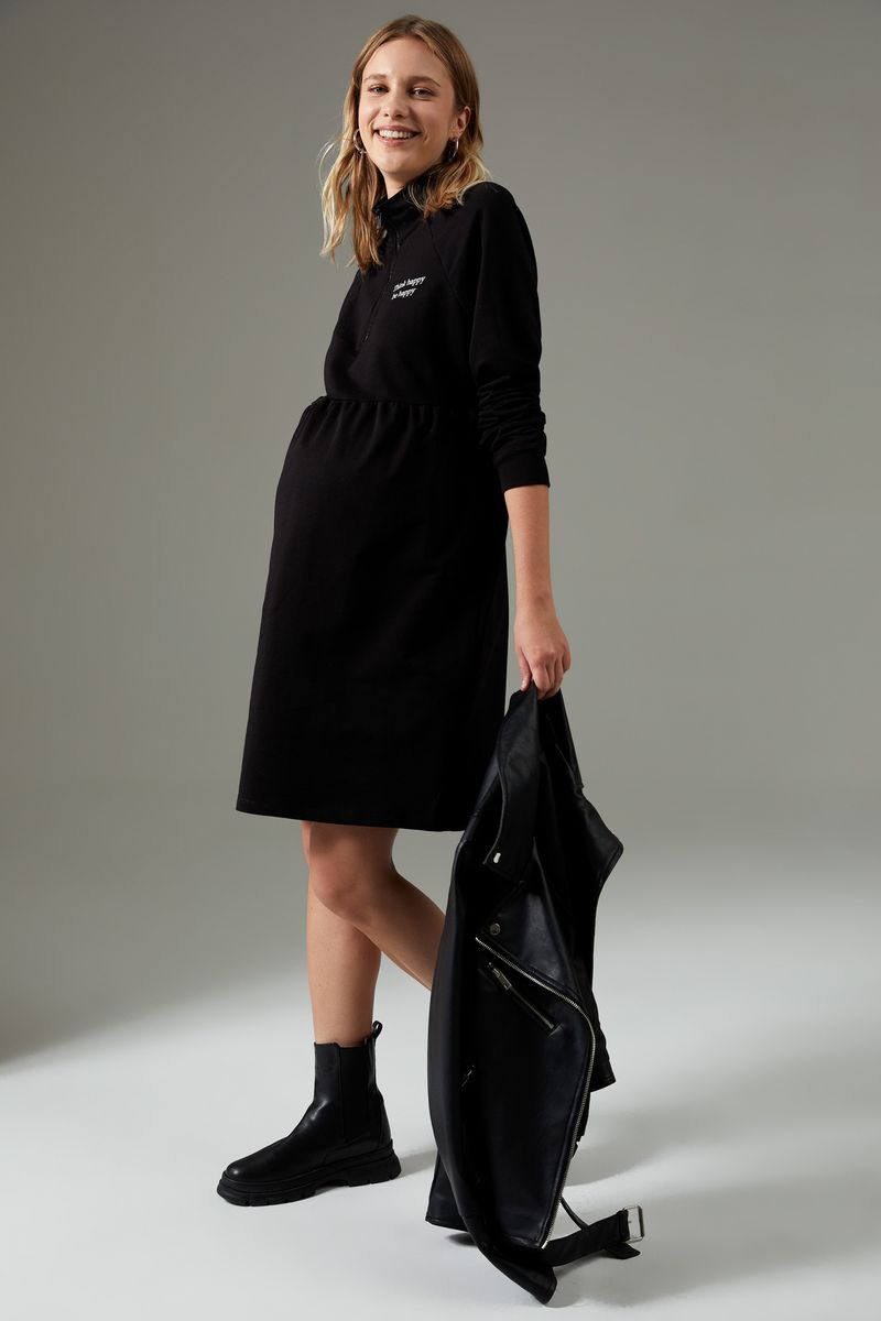 Woman - Regular Fit Long Sleeve Maternity Dress - Black