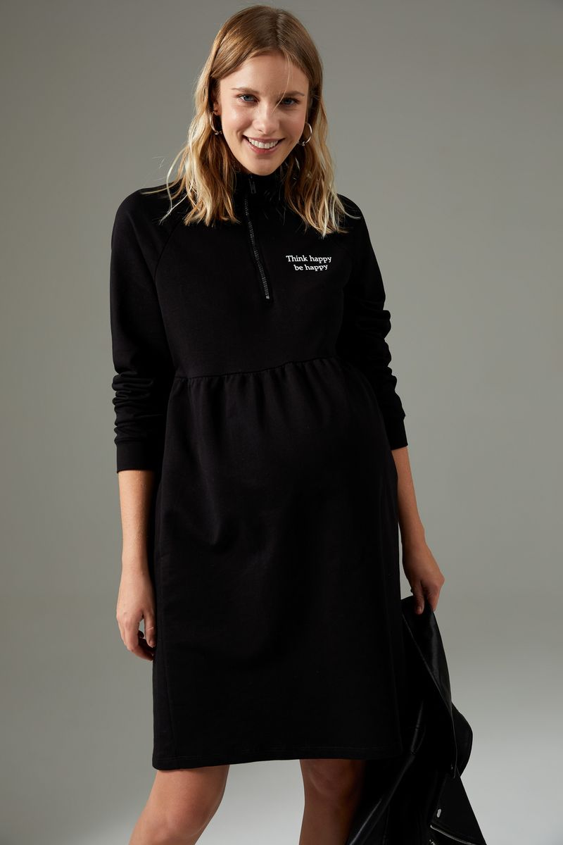 Woman - Regular Fit Long Sleeve Maternity Dress - Black