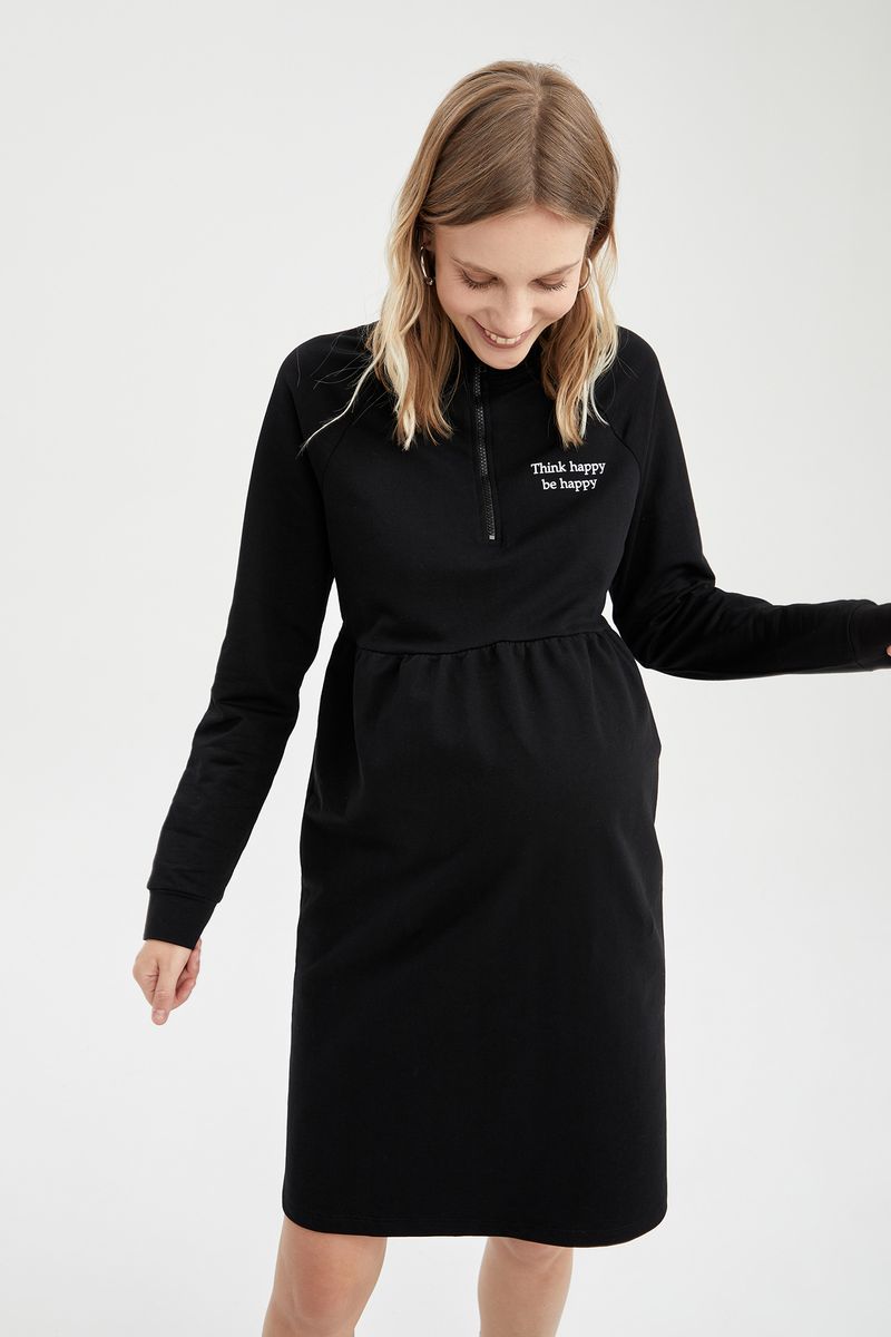 Woman - Regular Fit Long Sleeve Maternity Dress - Black