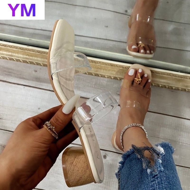 PVC Sandals Women Square Toe Clear Round Heels Stilettos Sexy Sandals 2021 Summer Sandals Zapatos De Mujer Tacon 43 Transparent