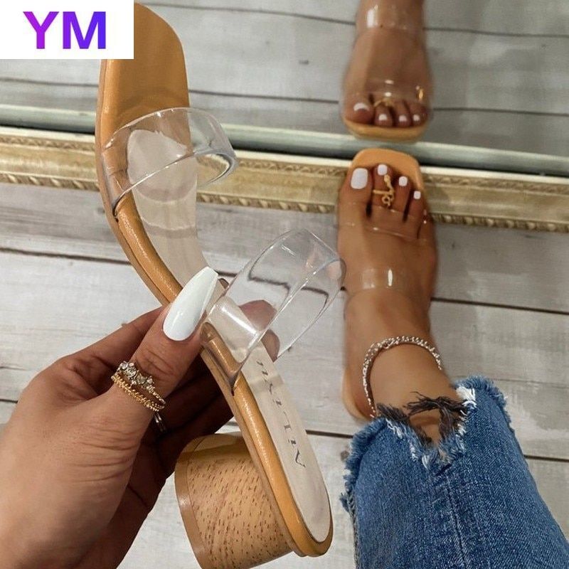 PVC Sandals Women Square Toe Clear Round Heels Stilettos Sexy Sandals 2021 Summer Sandals Zapatos De Mujer Tacon 43 Transparent