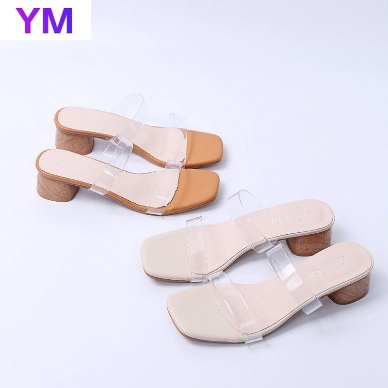 PVC Sandals Women Square Toe Clear Round Heels Stilettos Sexy Sandals 2021 Summer Sandals Zapatos De Mujer Tacon 43 Transparent