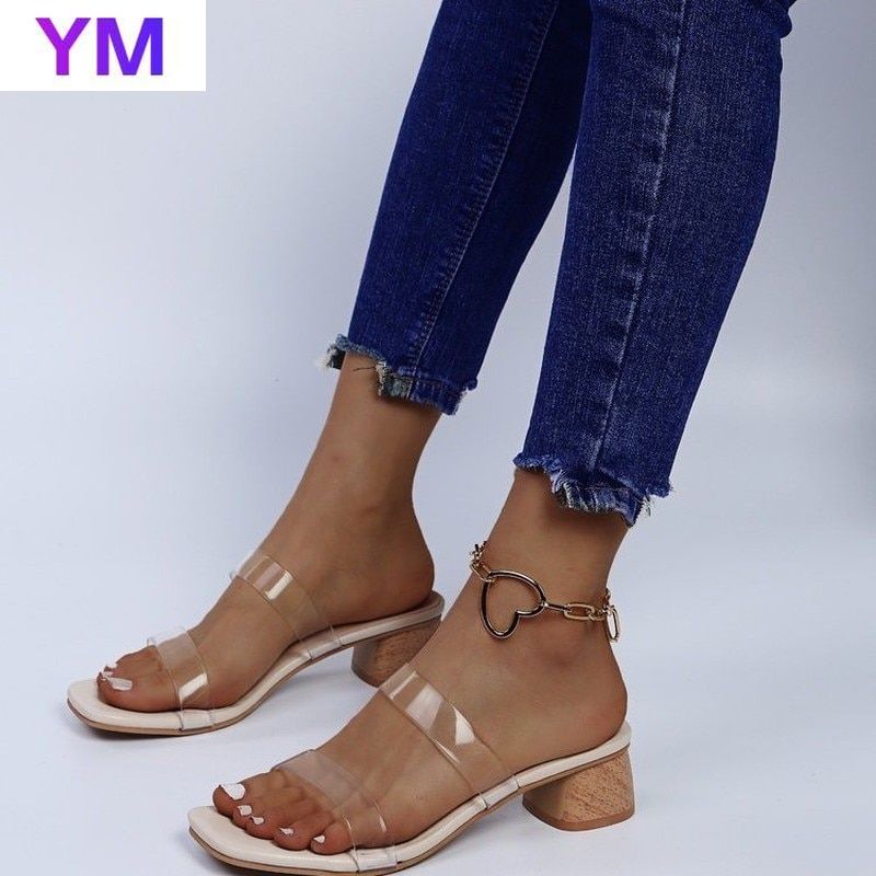 PVC Sandals Women Square Toe Clear Round Heels Stilettos Sexy Sandals 2021 Summer Sandals Zapatos De Mujer Tacon 43 Transparent