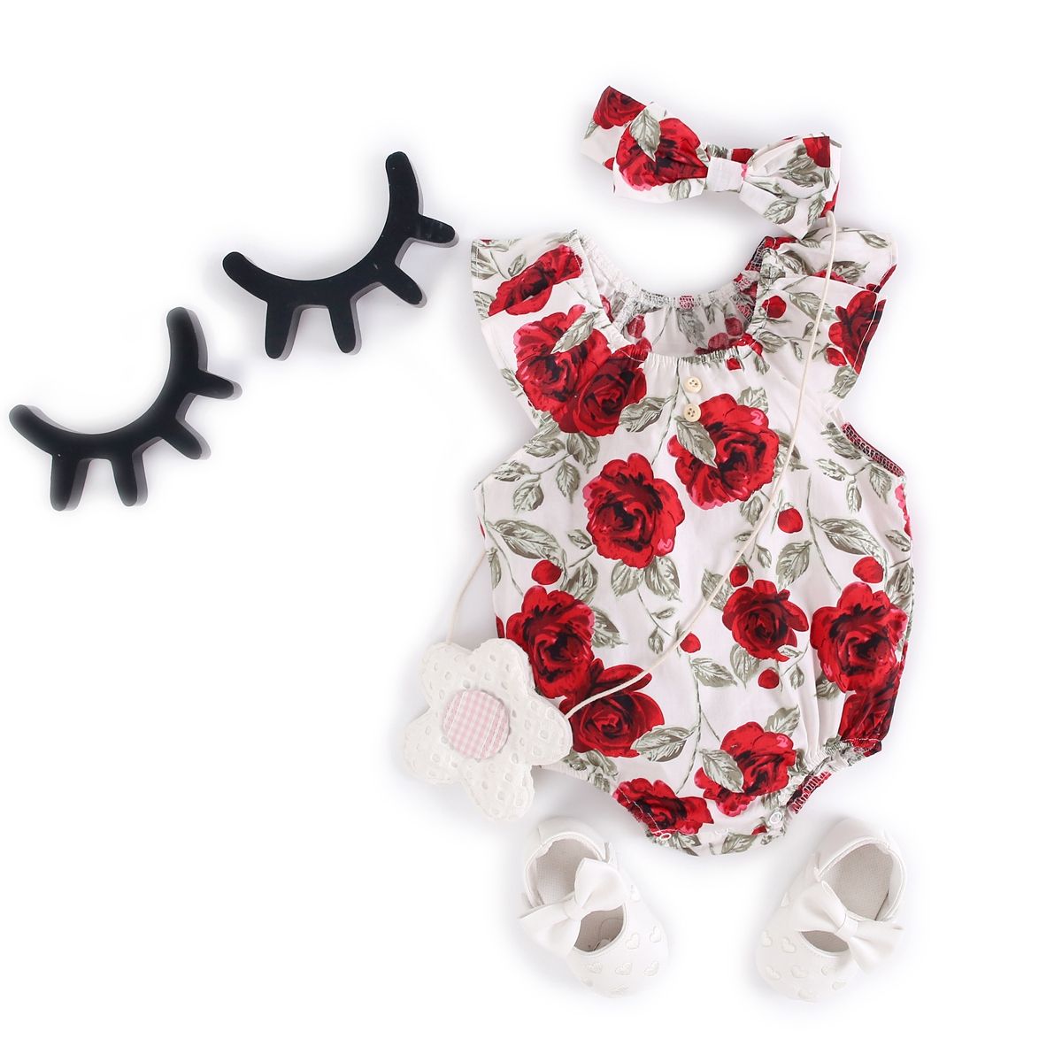 Rose Flowers Newborn Baby Girls Bodysuit+Headband Summer New