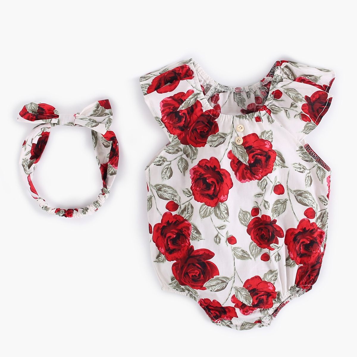 Rose Flowers Newborn Baby Girls Bodysuit+Headband Summer New