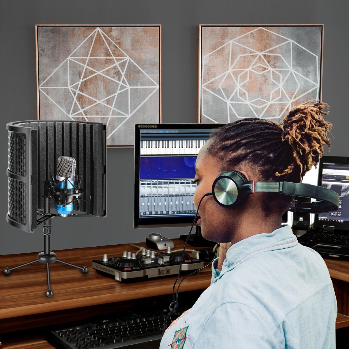 Tabletop Compact Microphone Isolation Shield With Tripod Stand, Mic Sound Absorbing Foam For Studio Sound Recording, Podcasts, Vocals, Singing, Broadcasting (Mic And Shock Mount Not Included)