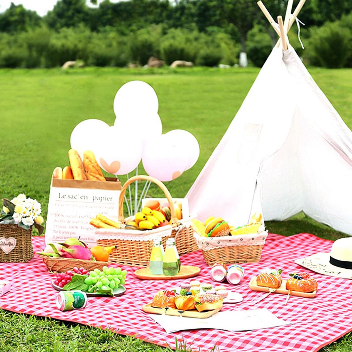 Waterproof Plaid Picnic Blanket Foldable Outdoor Mat Red
