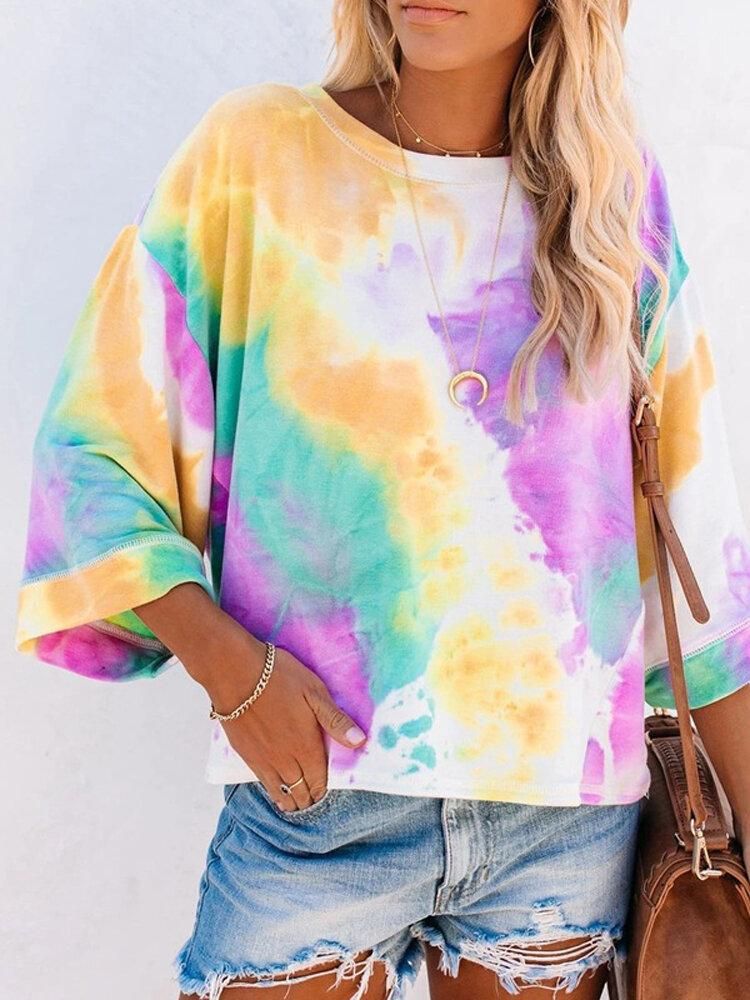 Women Tie Dye Dolman Sleeve O-Neck Plus Size Casual Blouse