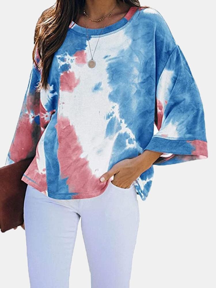 Women Tie Dye Dolman Sleeve O-Neck Plus Size Casual Blouse