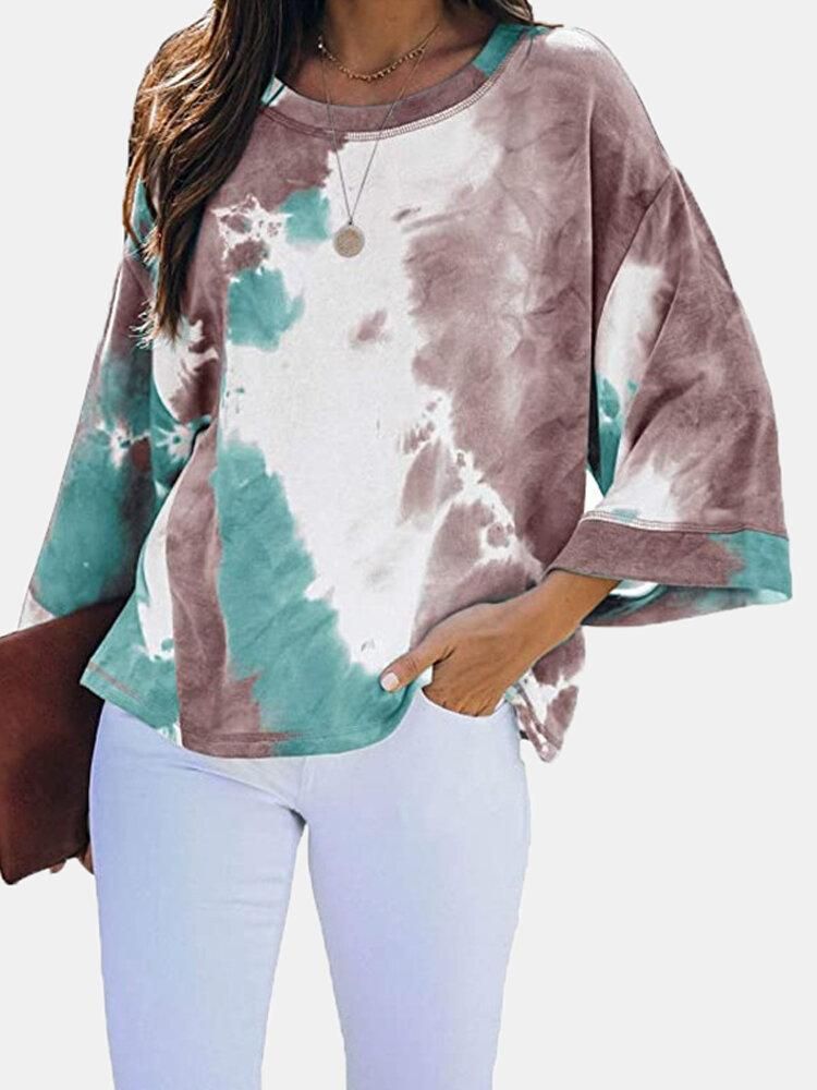 Women Tie Dye Dolman Sleeve O-Neck Plus Size Casual Blouse