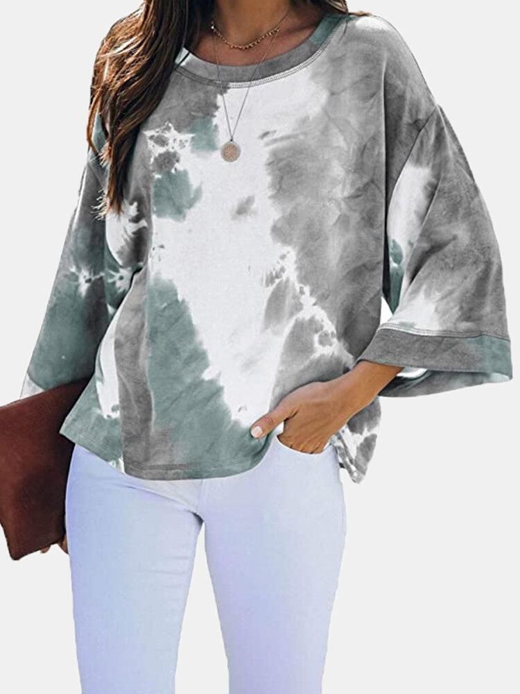 Women Tie Dye Dolman Sleeve O-Neck Plus Size Casual Blouse
