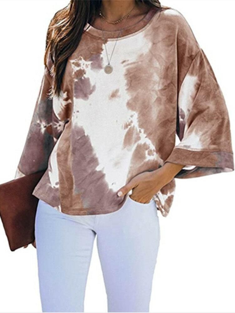 Women Tie Dye Dolman Sleeve O-Neck Plus Size Casual Blouse