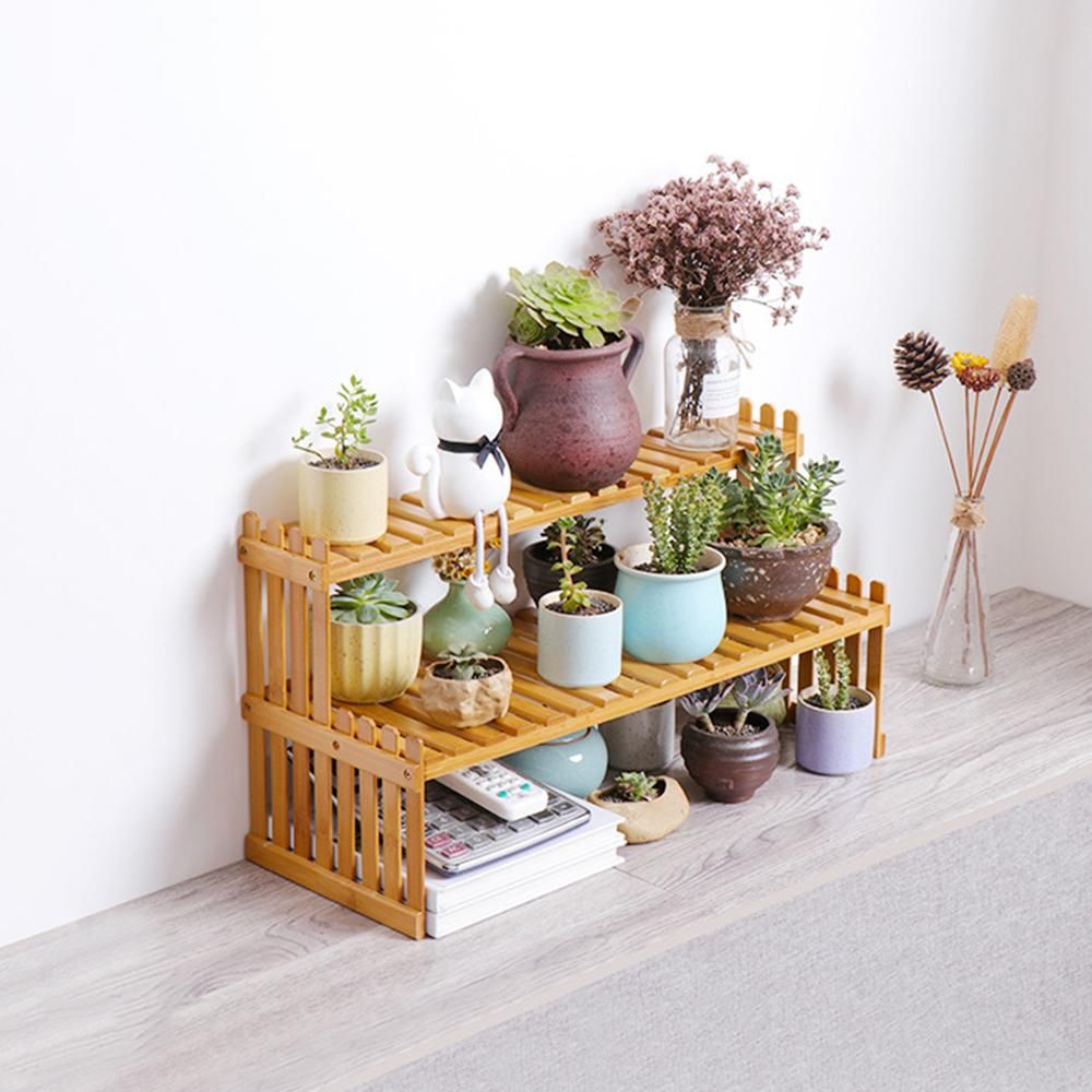 Countertop Bamboo Plant Shelf Bamboo Flower Pot Stand Balcony Flower Rack Cabinet Organizer Multi-Function DIY Desktop Storage Rack for Living Room Bedroom Kids Room